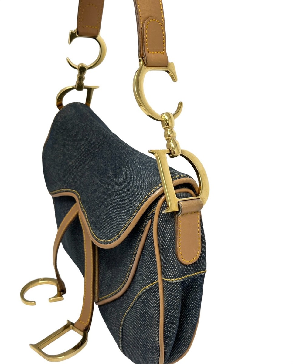 Christian Dior Vintage Double Saddle Bag Denim Dark Blue