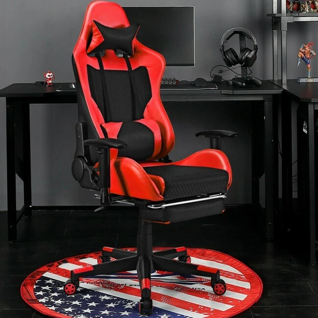 Red PU Leather Gaming Chair with USB Massage Lumbar Pillow and Footrest