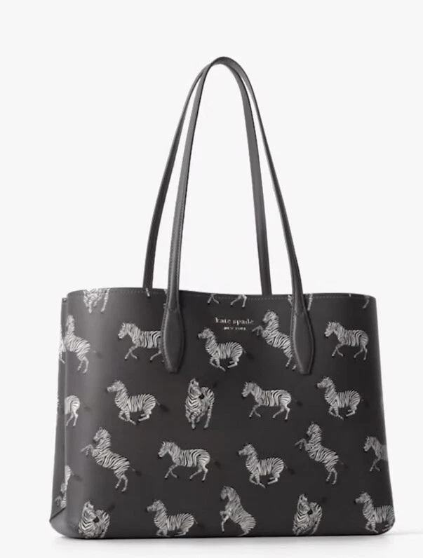 Bolso Grande Kate Spade Todo el Día Bailando Cebras Estampado con Bolsa Negro Gris - Nuevo con Etiquetas