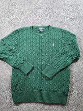 VTG Polo Ralph Lauren Sweater Boys Large 14-16 Green Cable-Knit Pony Youth Kids