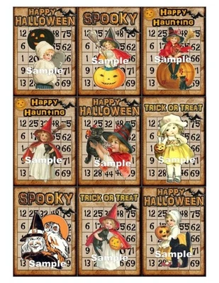 Halloween Vintage Bingo Witch Pumpkin Cat Owl 9 x Gift Tag Topper 2 x Options - image 1 of 3