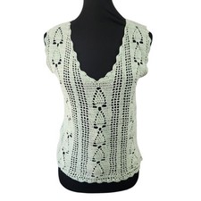 Vintage Boho Crochet Tank Top Shirt S M Green Doily Scallop Loose Weave