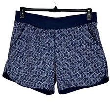 Lands' End SZ 16 Swim Board Shorts Geometric Drawsting Waist Attached Brief Blue