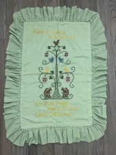 Vtg Handmade Baby Crib Quilt Green Gingham Cross Stitch Ruffle Blanket Woodland