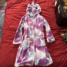Girls Blue White Purple Unicorns Stars Fleece Hooded Long Sleeve Robe 6-7Y