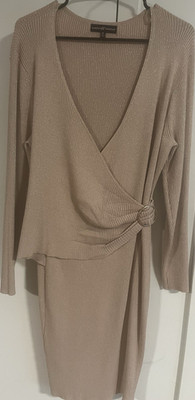 Almost Famous Beige M V-Neck Wrap Bodycon Midi Dress Long Sleeve Glitter