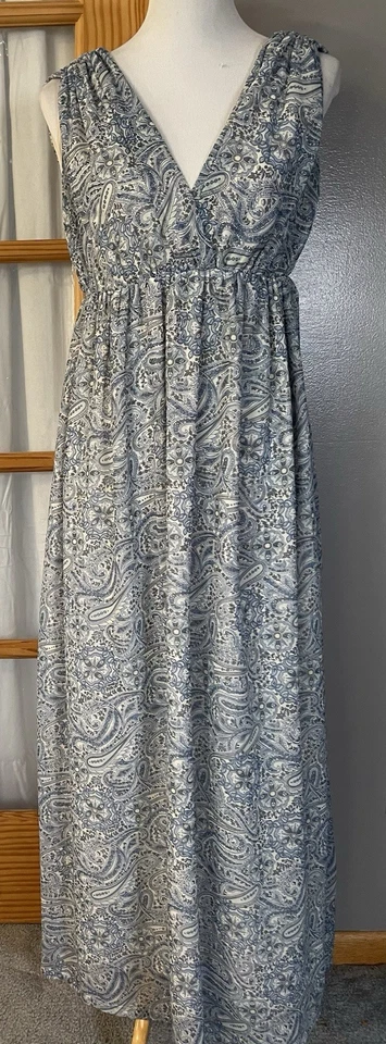 Maxi Vestido H&M Floral Cachemira Talla 8 Azul Gasa Cuello en V Boho Cottagecore Playa Foto 2 de 4