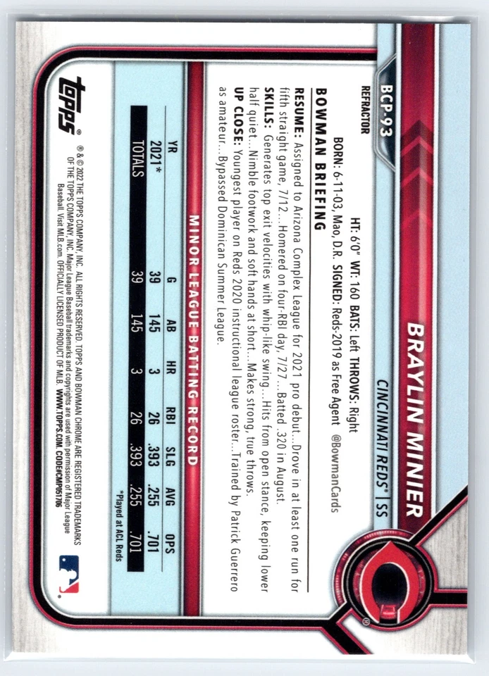 2022 Bowman Chrome Prospects Refractor /499 Braylin Minier #BCP-93 Reds - Image 2 of 2