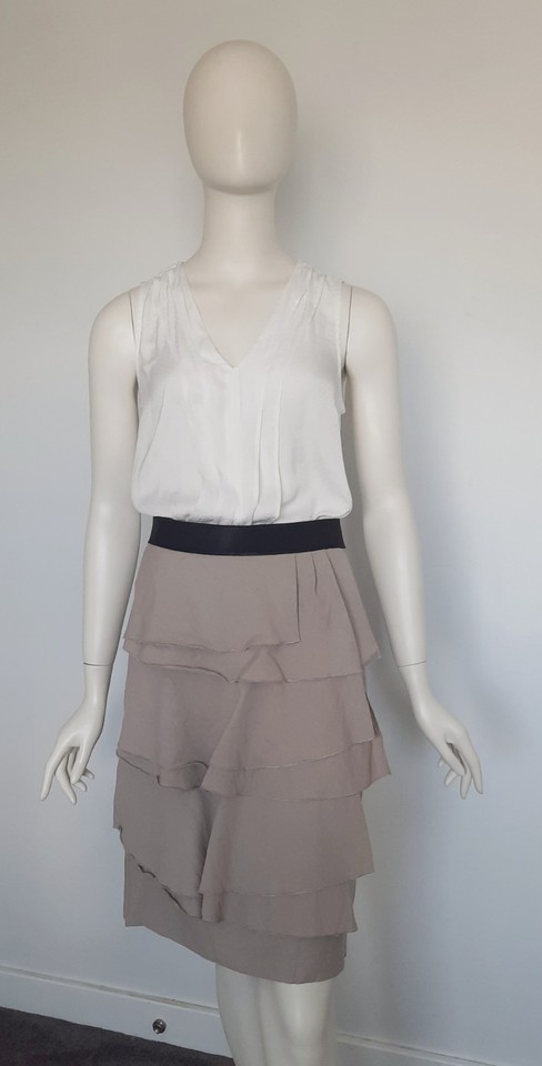 Jacqui E Skirt Womens 18 Taupe Brown Straight Tiered Ruffle Accent Workwear 