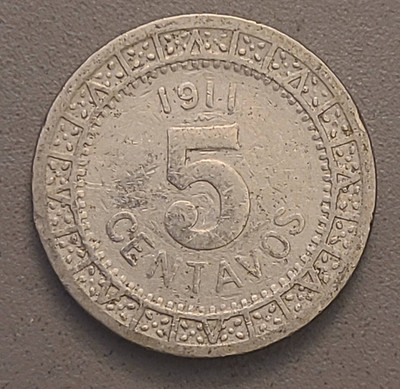 1911 Mexico 5 Centavos Coin - Nickel - Ornamented Circle - Narrow Date