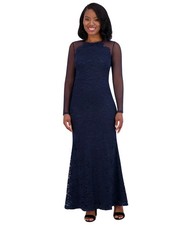 Eliza J Women's Embroidered Illusion-Sleeve Gown - Navy-14