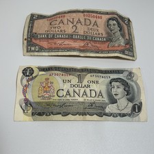 1954 Canada 2 Dollar Note Ottawa 1973 Canadian 1 Dollar lot of 2 bills money
