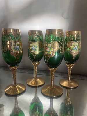 Vintage Italian Murano Venetian Emerald Green Gold 24K Champagne Flutes Set of 4