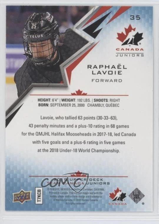 2018 Upper Deck Team Canada Juniors Blue Raphael Lavoie #35 - Image 2 of 2