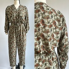 Vintage 80s Diane Gilman Washable Silk Camo Print Jumpsuit Oversized S