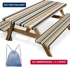 Picnic Table Cover With Bench Covers Elastic Edges Blue Tripes Camper Fitted Ta