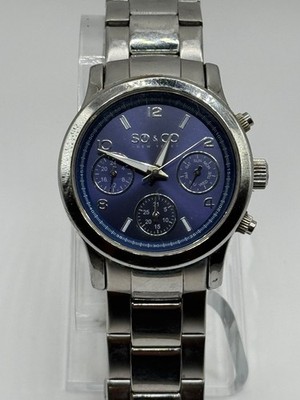 SO & CO NEW YORK MULTIFUNCTION WATCH BLUE DIAL STAINLESS STEEL BAND NEW BATTERY