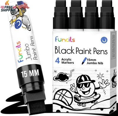 4 Jumbo Black Poster Markers - 15Mm Fat Acrylic Paint Markers for Wood, Rock Pai