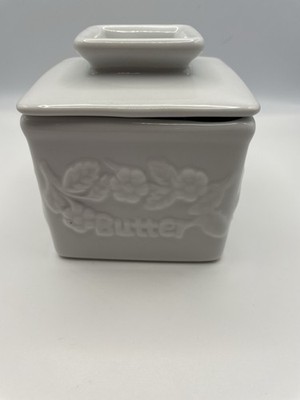 White Porcelain French Butter Dish/Butter Keeper Crock 4  Square