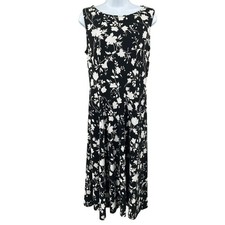 Talbots Womens Black White Floral Sleeveless Fit Flare Midi Dress Sz M Timeless