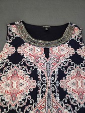 Roz & Ali Women’s 20 Dress Red White Blue Sleeveless Stretch Knit Beaded Collar