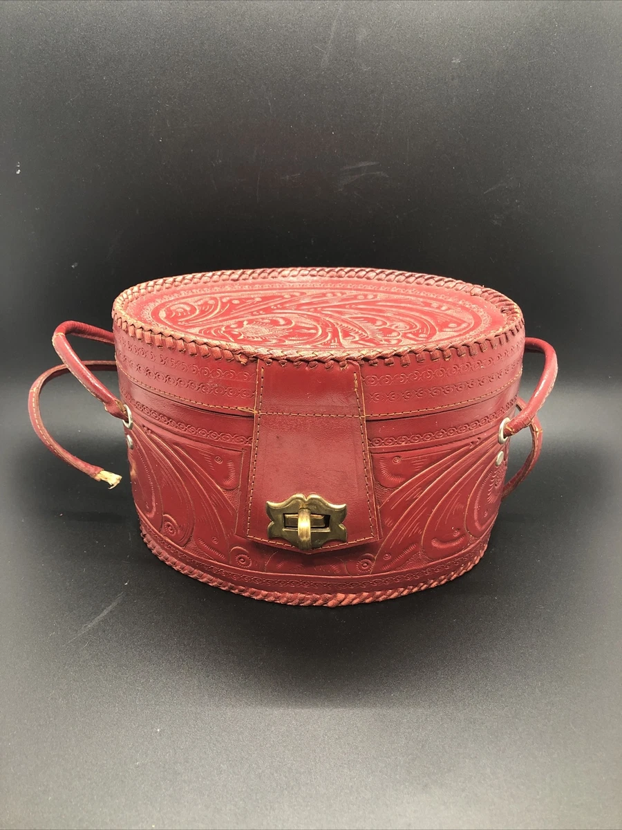 Vintage Handmade Hand Tooled Red Leather Oval Shaped Purse Pocketbook Bag Read