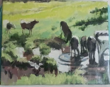 Vintage Impressionist Painting Cows at Waterhole R. McElroy MA,CT b.1928