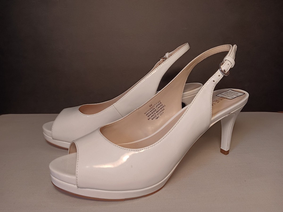 Vintage NINE WEST White Patent Sling Back Peep Toe Heel Platform