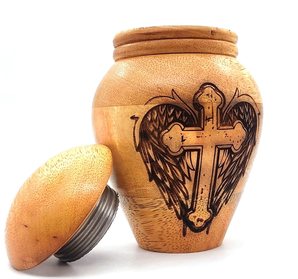 Wooden Cremation Urns for Ashes Adult Male/Female Cross With Angel Wings Engrav
