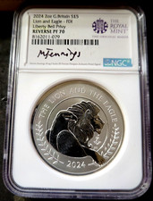 2024 Gr Britain £5 Lion & The Eagle 2 Oz Liberty Bell NGC REV PF70 FDI Jennings