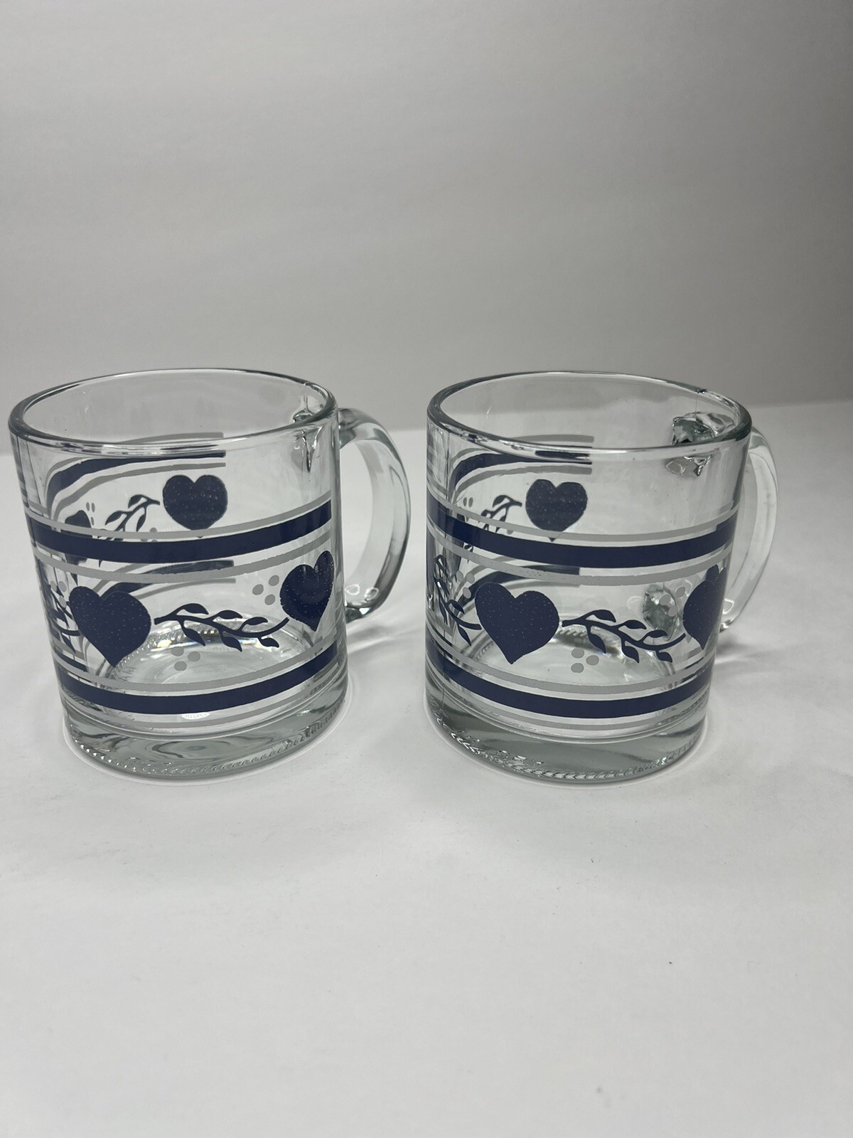 2 Vintage Clear Glass Blue Heart Coffee Mug Made in USA