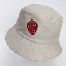 Strawberry Embroidered Beige Bucket Cap Hat Fitted One Size