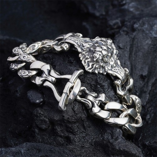 Lion King head 925 sterling silver handmade heavy biker punk Goth men's bracelet - Imagen 4 de 23
