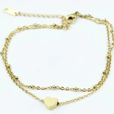 Women Gold Plated Stainless Steel Heart Love Double Chain Anklet Bracelet 8-10"