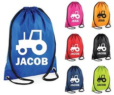 Personalised PE Bag School Gym Swimming Drawstring Kit Sports Girls Boys Tractor