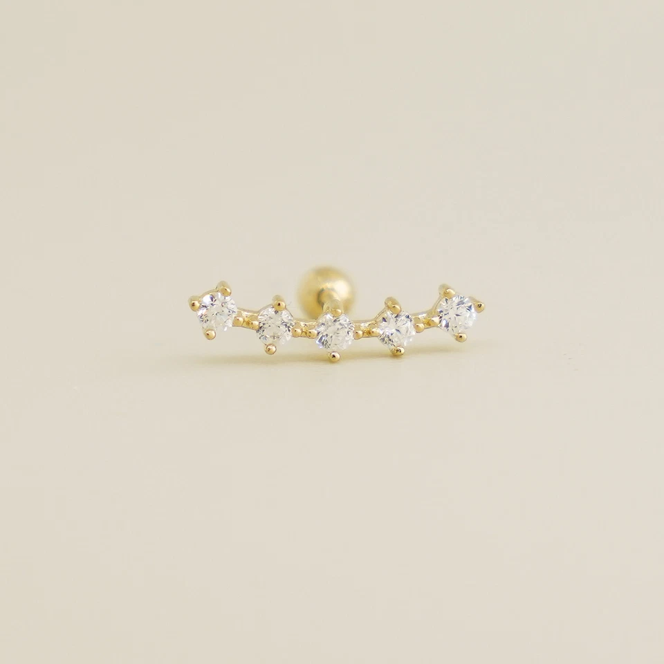 Pendiente de cartílago hélice escalador circonita cúbica de cinco piedras oro macizo real de 14K 18G Foto 2 de 4