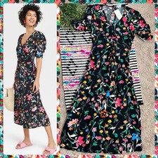 A New Day NWT Black Colorful Floral Puff Short Sleeve Ruched A Line Dress Sz XS