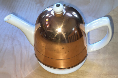 Vintage ODI White Ceramic Teapot with Copper Cozy Sleeve Nice Rare MCM