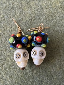 Authentic Handcrafted Day of The Dead Skull Earrings With 10 Kt Gold plated Fishhooks