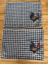 4 PARK IMPORTS Rooster Placemats Blue Cream Checkered Appliquéd Embroidery