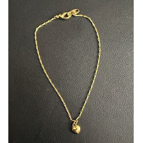 Vintage Puffy Heart Anklet Dainty Signed SP Gold Tone Charm Ankle Bracelet