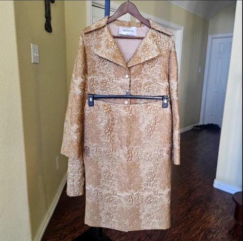 Valentino set 2 pezzi giacca broccato oro floreale broccato cappotto e gonna taglia 10