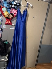 Blue Satin Long Formal Gown Sleeveless V-Neck Strappy Women's Evening Dress