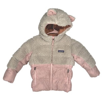 Patagonia Kids 4T Baby High Loft Down Sweater Hoody Pink Tan Bear Ears Puffer