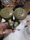 VINTAGE FRANKOMA POTTERY HANDLE S&P SHAKERS PRAIRIE GREEN EUC 💚