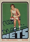 1972-73 TOPPS Bill Melchionni Auto Card #225 New York Nets Vintage Signed ABA