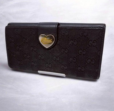 Gucci GG Canvas Heart Black Long Wallet with Double Snap Closure Authentic