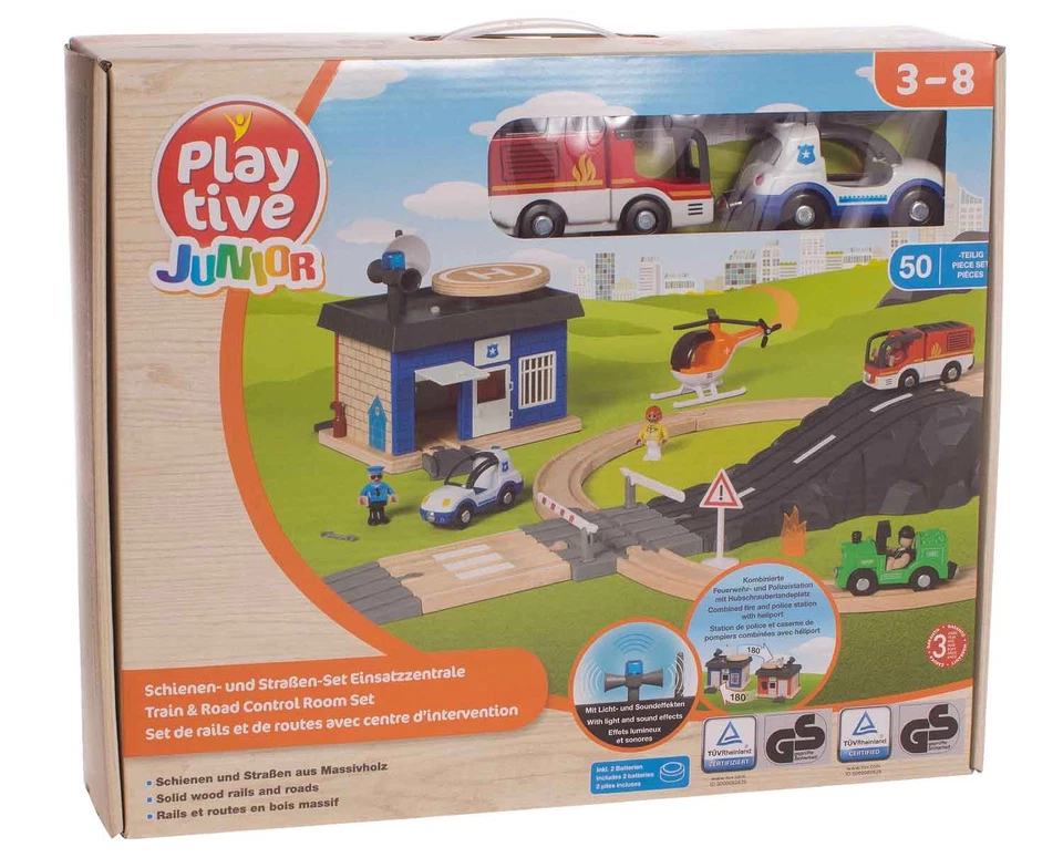 Playtive Holz Schienen- & Straßenset Polizei Feuerwehr Spielzeug 50-teilig
