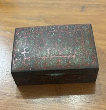 Indian Brass Enameled Cigarette Box Wood Lined Benares Ware Trinket Box Vintage