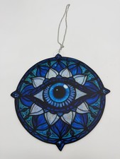 Evil Eye Mandala Wall Hanging Ornament Blue 8.5in Round Stained Glass Look